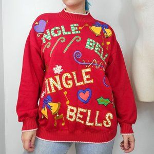 Vintage 90s Red Jingle Bells Christmas Holiday Sweatshirt